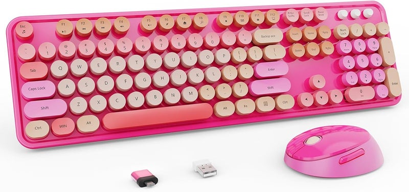 Nowlike Wireless Keyboard and Mouse Combo, Retro Typewriter Keyboard with Round Keycaps, Full-Size Ergonomic, Red, Ideal for Windows PC, Home, Office, and College, Wireless Keyboard Mouse Combo - Image 1
